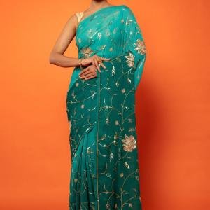 Teal Ombre Pure Chiffon Saree | All Over Aari Tari Zardozi & Cutt Work | Jaipurio Designer Collection